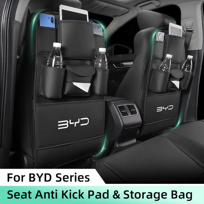 All in One Car Seat Back Storage Bag For BYD Atto3 Han Song plus Seagyll V2l Dolphin F3 E6 G3 I3 Ea1 Anti Kick Pad Cup Holder